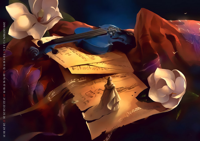 Обои картинки фото календари, рисованные,  векторная графика, фигура, девушка, женщина, 2019, calendar, бумага, цветы, ноты, скрипка