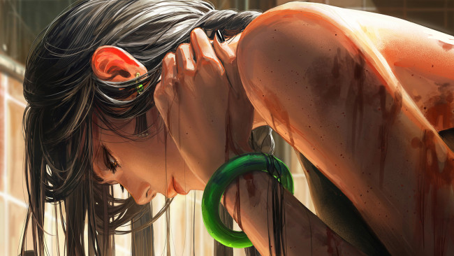 Обои картинки фото фэнтези, _guweiz, девушка, с, зеленым, браслетом