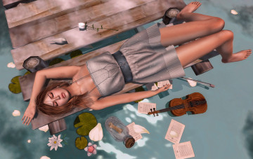 Картинка 3д графика people люди девушка скрипка роза ноты