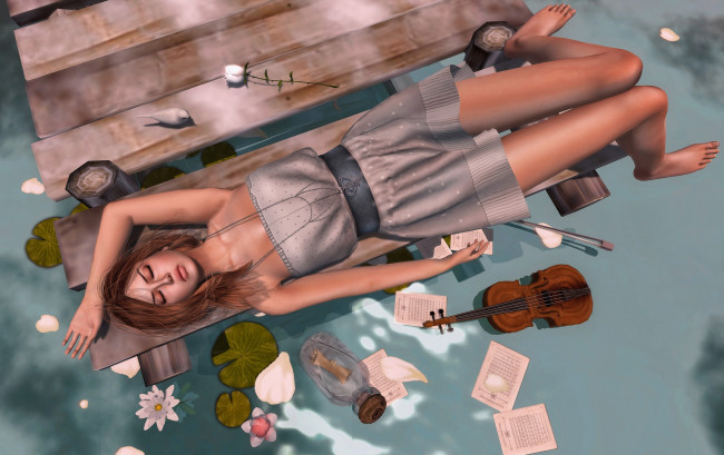 Обои картинки фото 3д, графика, people, люди, девушка, скрипка, роза, ноты