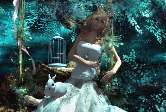 Обои картинки фото 3д, графика, people, люди, клетка, кролик, девушка