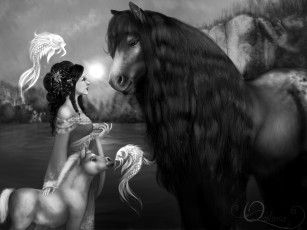 Картинка фэнтези девушки животное платье прическа профиль девушка грива