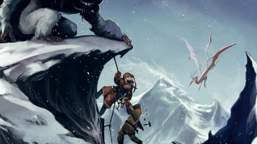 Картинка фэнтези люди человек снежный существо альпинисты скала утес