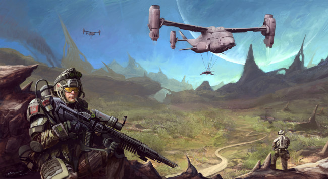 Обои картинки фото фэнтези, люди, планета, чужая, десант, высадка, спецназ, солдаты