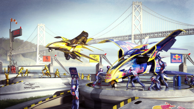 Обои картинки фото фэнтези, -временный , не выбирать, аппараты, гонки, соревнования, будущее, летающие, мост, техники, механики