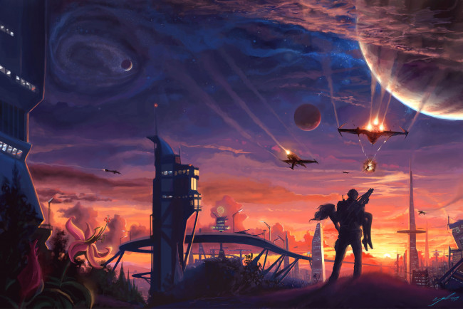 Обои картинки фото фэнтези, люди, будущее, мир, иной, город, девушка, парень