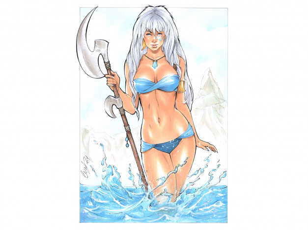 Обои картинки фото рисованное, люди, вода, купальник, взгляд, фон, девушка