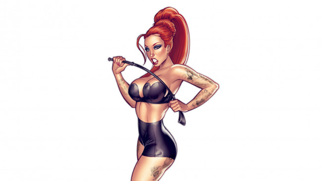 Обои картинки фото рисованное, люди, тату, хлыст, корсет, фон, девушка