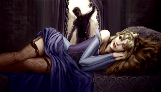 Обои картинки фото рисованное, люди, мужчина, кровать, фон, девушка