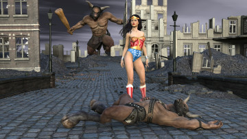 Картинка 3д+графика фантазия+ fantasy девушка взгляд фон борьба минотавр