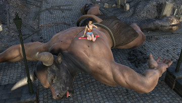 обоя 3д графика, фантазия , fantasy, девушка, взгляд, фон, борьба, минотавр