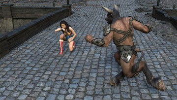 обоя 3д графика, фантазия , fantasy, девушка, взгляд, фон, борьба, минотавр