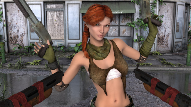 Обои картинки фото 3д графика, фантазия , fantasy, девушка, взгляд, фон, оружие