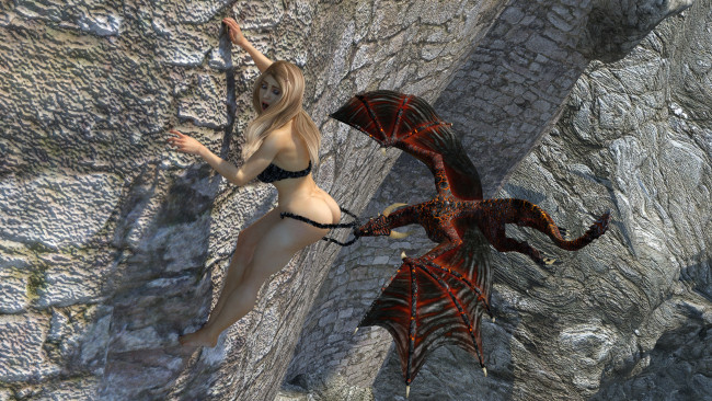 Обои картинки фото 3д графика, фантазия , fantasy, девушка, взгляд, фон, дракон