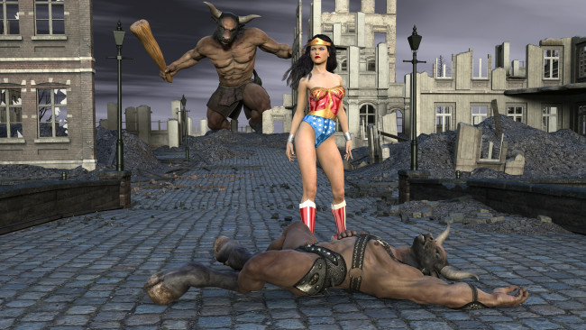 Обои картинки фото 3д графика, фантазия , fantasy, девушка, взгляд, фон, борьба, минотавр