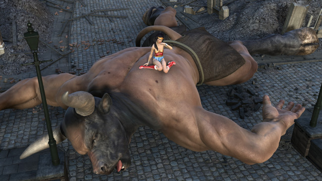 Обои картинки фото 3д графика, фантазия , fantasy, девушка, взгляд, фон, борьба, минотавр