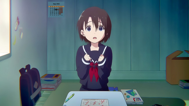 Обои картинки фото календари, аниме, рюкзак, девочка, взгляд, 2018