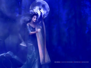 обоя календари, фэнтези, арфа, девушка, призрак, 2020, calendar, планета, луна