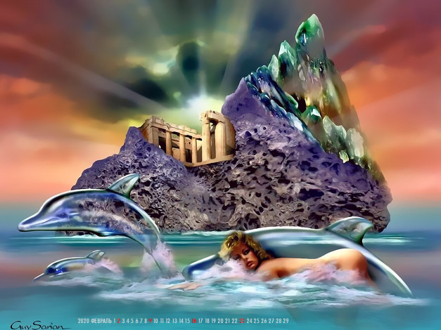 Обои картинки фото календари, фэнтези, 2020, calendar, здание, остров, дельфин, девушка