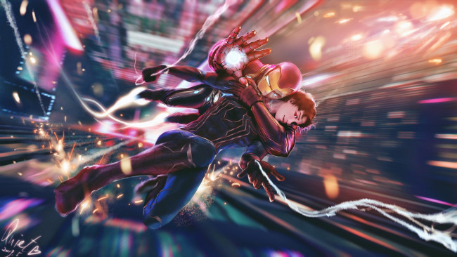 Обои картинки фото рисованное, кино, том, холланд, железный, человек, роберт, дауни, мл, питер, паркер, тони, старк, паук