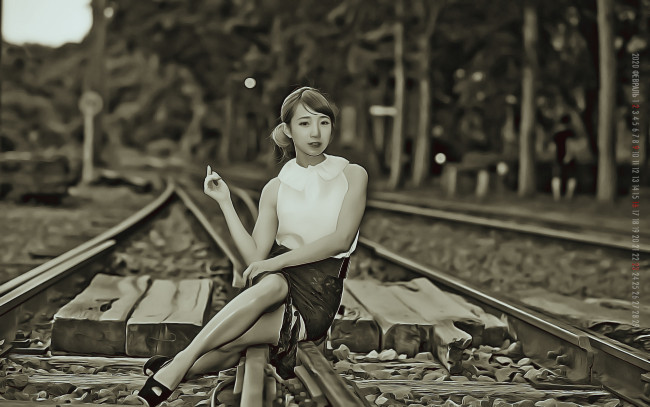 Обои картинки фото календари, компьютерный дизайн, женщина, девушка, азиатка, рельсы, 2020, calendar