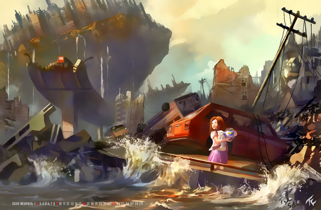 Обои картинки фото календари, фэнтези, водоем, автомобиль, девочка, 2020, calendar, катастрофа, разрушение, машина