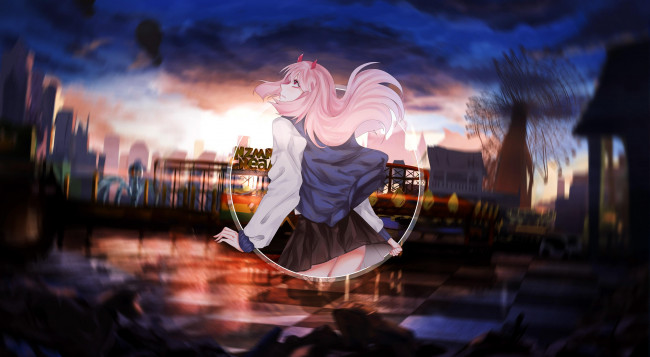 Обои картинки фото аниме, darling in the frankxx, девушка, рожки, парк