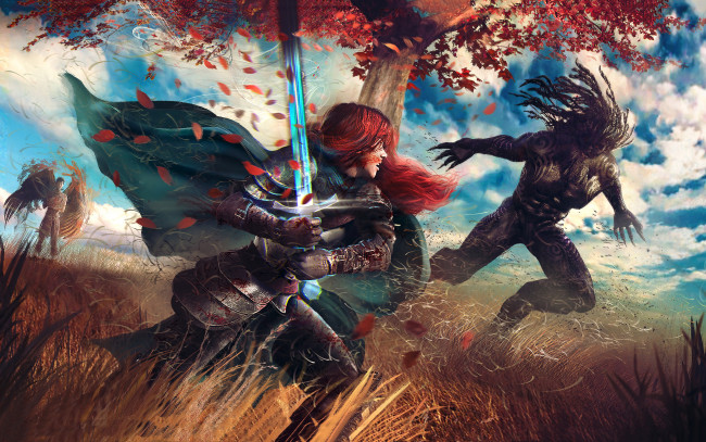 Обои картинки фото фэнтези, красавицы и чудовища, ангел, девушка, существо, рыцарь, бой, латы, меч