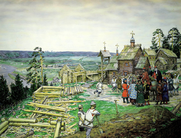 Обои картинки фото аполлинарий васнецов, рисованное, люди, дома, строка