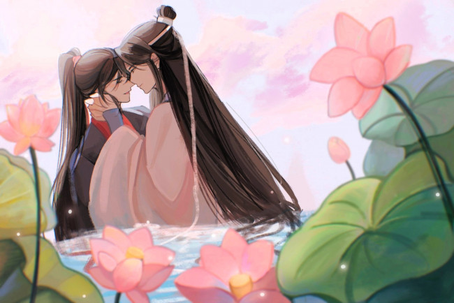 Обои картинки фото аниме, mo dao zu shi, лань, ванцзи, вэй, усянь, лотосы, озеро
