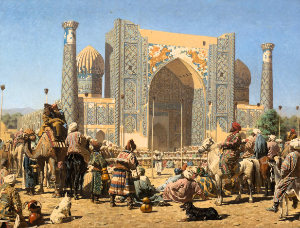 Обои картинки фото рисованное, василий верещагин, город, площадь, люди, караван