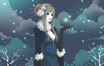 Картинка аниме merry chrismas winter печаль тучи снежинки gasara девушка рисунок зима