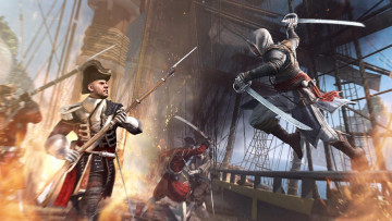 Картинка assassin`s creed iv black flag видео игры фрегат солдаты edward kenway сражение
