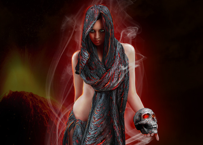 Обои картинки фото фэнтези, девушки, дым, девушка, ткань, череп