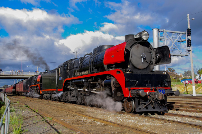 Обои картинки фото техника, паровозы, состав, паровоз, рельсы, дорога, железная