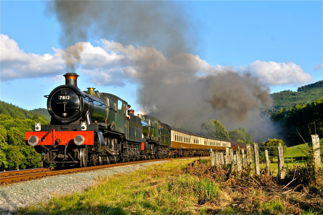 Обои картинки фото техника, паровозы, состав, вагоны, паровоз, рельсы, дорога, железная