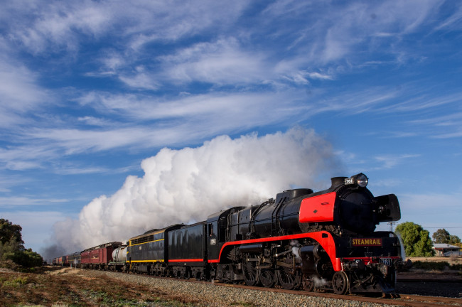 Обои картинки фото техника, паровозы, железная, состав, паровоз, вагоны, дорога, рельсы