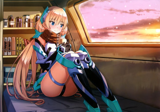 обоя аниме, оружие,  техника,  технологии, девушка, закат, angela, balzac, арт, saitom, окно, expelled, from, paradise, банки, книги