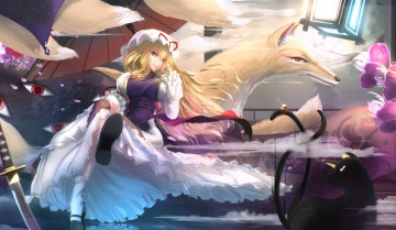 Картинка аниме touhou chen yakumo ran yukari кот глаза арт девушка улыбка лис животное kikivi
