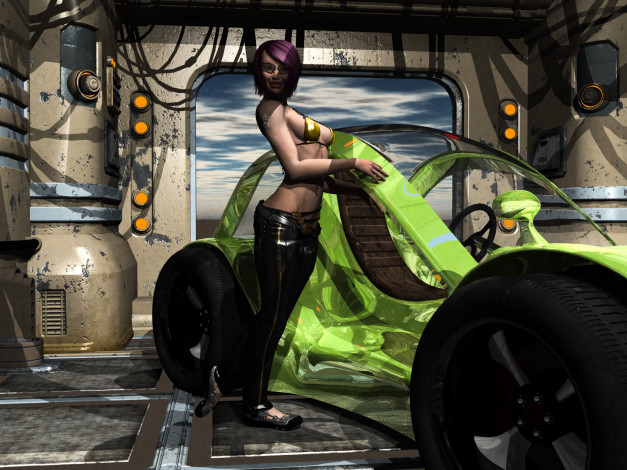 Обои картинки фото 3д графика, фантазия , fantasy, автомобиль, фон, взгляд, девушка