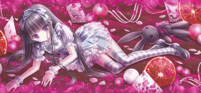 Обои картинки фото аниме, tinkle , artbook, лежит, девушка, арт, tinkle, цитрусы, лепестки, кролик