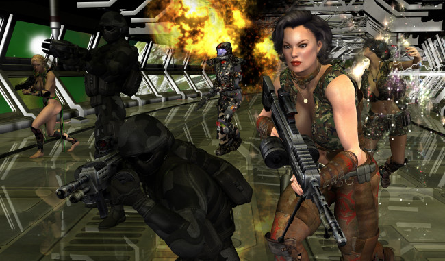 Обои картинки фото 3д графика, фантазия , fantasy, оружие, фон, взгляд, девушки