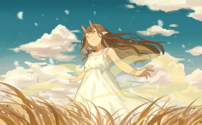 Обои картинки фото аниме, животные,  существа, рога, девушка, zicai, tang, облака, небо, поле