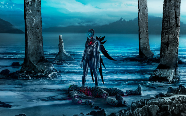 Обои картинки фото фэнтези, романтика апокалипсиса, вода, море, арт, скалы, девушка, парень, настроение, облака, горы, небо, пляж