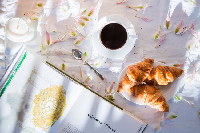 Обои картинки фото еда, разное, книга, кофе, настроение, лепестки, круассаны