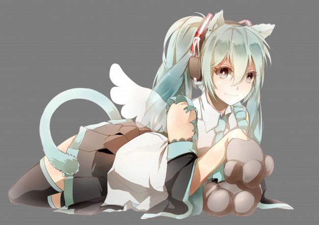 Обои картинки фото аниме, vocaloid, хвостик, ушки, девушка, фон, hatsune, miku
