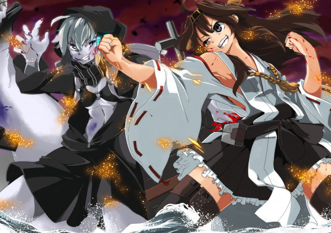 Обои картинки фото аниме, kantai collection, tagme-artist, re-class, battleship, искры, вода, бой, kantai, collection, kongou, kancolle, девушки, арт