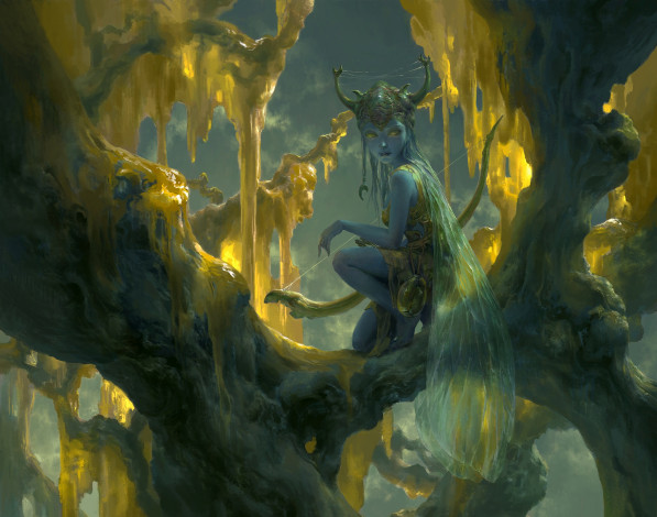 Обои картинки фото фэнтези, феи, девушка, fantasy, рисунок, art, арт, фея, by, flowerzzxu, воск, смола, дерево, лук, лучница, стрекозиные, крылья, фэйри
