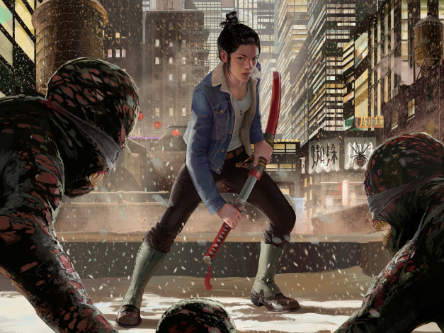 Обои картинки фото фэнтези, красавицы и чудовища, катана, меч, азиатка, city, of, demons, город, демонов, девушка, fantasy, рисунок, art, арт, чайнатаун, by, themichaelmacrae, монстры, мегаполис, поза