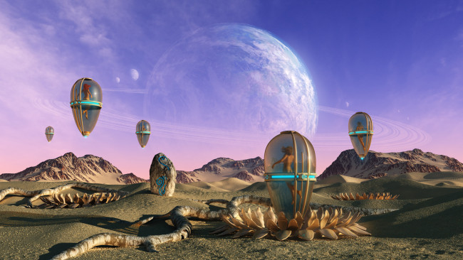 Обои картинки фото фэнтези, иные миры,  иные времена, камень, песок, горы, фантазия, девушки, кокон, арт, планета